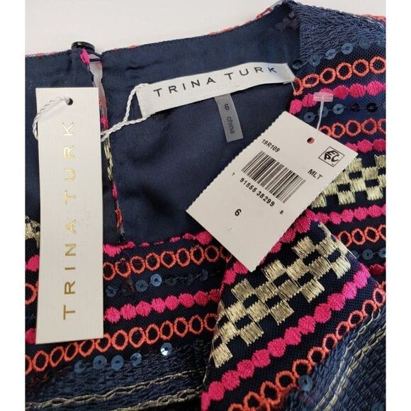 Trina Turk Sequined Blouse Top Women's 6 SMALL Pink Blue Orange Gold Embroidered - Picture 5 of 12